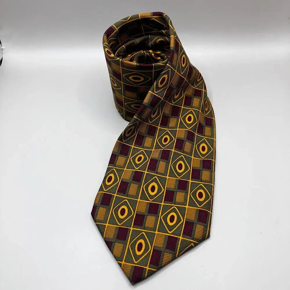 Coach Tie 60” x 3.75” 100% Italian Silk Green Red Yellow Geometric Preppy Career